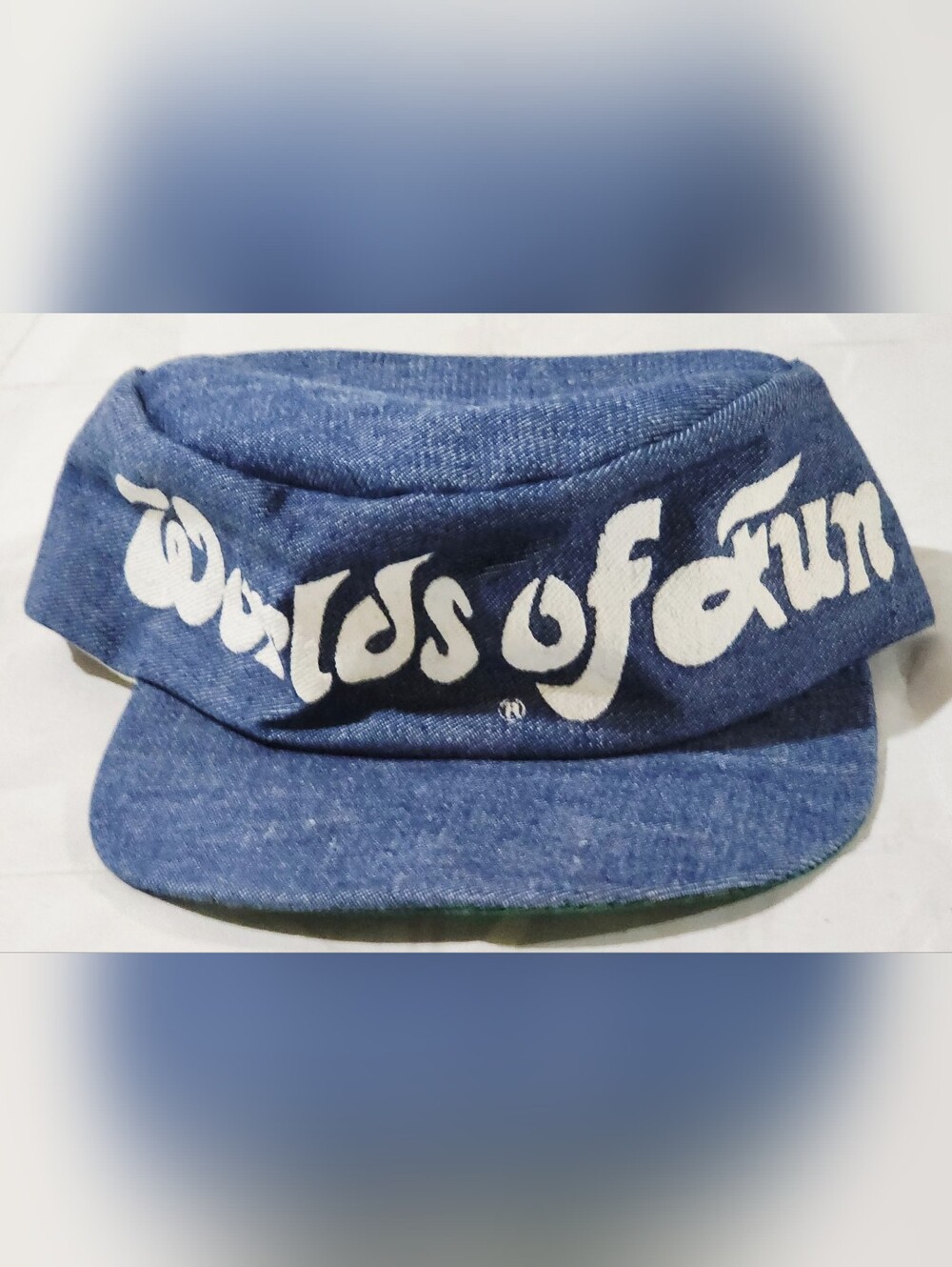Vintage 80s Worlds of Fun Jacobson Hat Co Denim Painters Cap Made in USA